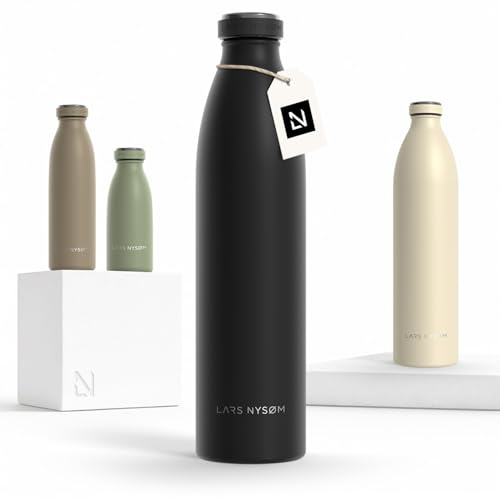 LARS NYSØM Edelstahl Trinkflasche 350ml, 500ml, 750ml, 1L, 1 5 liter | Thermosflasche Kohlensäure geeignet | Auslaufsichere Wasserflasche für Sport, Outdoor (Carbon Black, 1000ml)