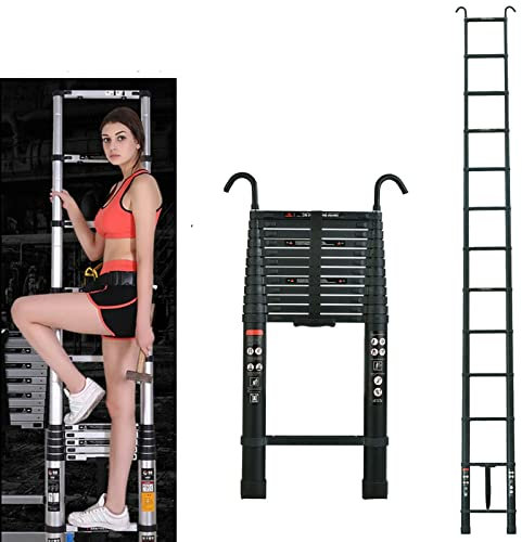 Ausziehleiter Teleskopleiter 5m, Klappleiter Teleskopleiter mit 2 Haken und Sicherheitsschloss, 13 Sprossen, Mehrzweck Stehleiter Ausziehbar für Outdoor & Indoor, 150kg Tragkraft