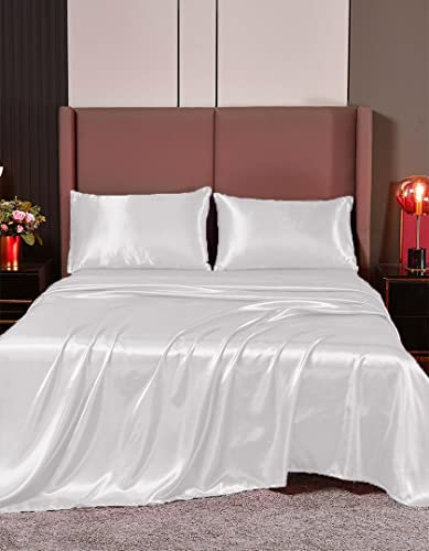 Cloud Fino 4-teiliges Luxus-Seidensat-Bettwäsche-Set, Spannbettlaken und Bettlaken, Kissenbezüge, Hotelqualität, seidig weiches Weiß, Queen-Size-Bett