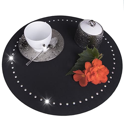 DECOOR- Platzset aus Polyester Ø 39cm, 6er Set, Schwarz, Tischset Abwischbar, verziert mit Kristallen, Waschbare, Platzdeckchen, schmutzabweisender, hergestellt in der EU