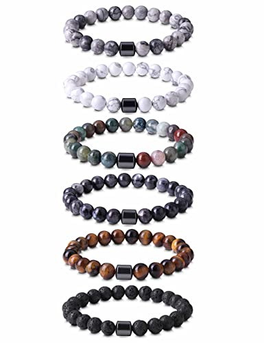 JeweBella 6 Stück 8MM Perlen Armband für Herren Naturstein Armband Tigerauge Armband Lavasteine Armbänder Set Mala Achat Yoga Elatics Armband Set Heilsteine Steine Armband für Männer