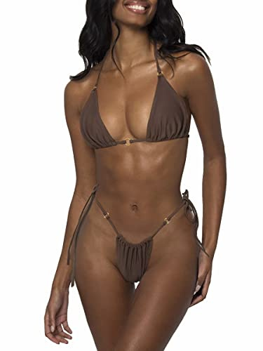 LUNNTE Ensemble bikini sexy pour femme - String - Maillot de bain deux pièces - Triangle avec anneau - Maillot de bain réglable - Bas - Laçage latéral, marron, L
