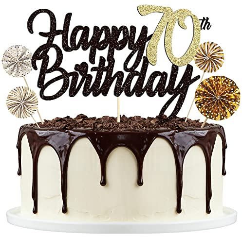 Tortendeko Schwarzes Gold 70th, Happy Birthday Cake Topper, Papierfächer Cupcake, 70. Kuchendeko Tortenstecker für Geburtstag Deko Männer Frauen