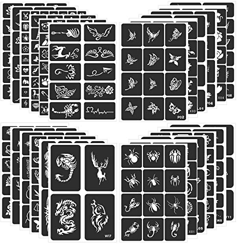Fanost 24 ark tatueringsmallar för barn/vuxna, henna tatuering stenciler set (400 tatueringsdesigner), återanvändbara tatueringsmallar, henna mallar för ansikte hand fot finger