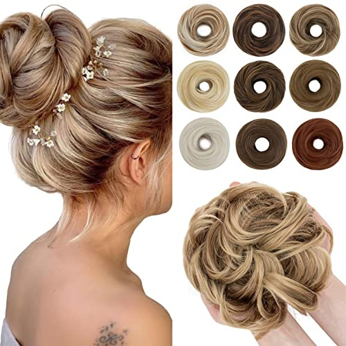 55g SEGO Moño Postizo Rizado Voluminoso Extensiones de Pelo Sintético Se Ve Natural Recogidos Coleteros Gruesos para Mujer Accesorios Coleta Postiza (Castaño Claro con Rubio Ceniza)
