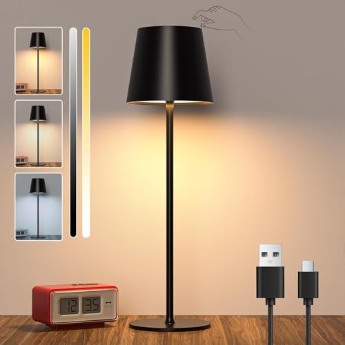 Lámpara de Mesa Regulable Inalámbrica LED, Lámpara de Mesa de Batería Recargable con Control Táctil, Lámpara de Escritorio al Aire Libre Impermeable IP44 con USB-C para Terrazas, Restaurante, Negro