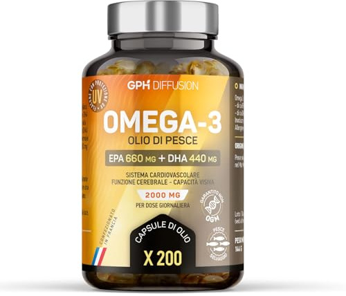 Omega 3 2000 mg Olio di Pesce - EPA 660mg / DHA 440mg - Sistema Cardiovascolare, visione, funzione cerebrale - 200 capsule - GPH Diffusion