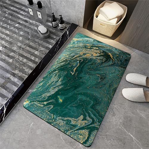 Hixingo Badematte rutschfeste 3D Gold Marmormuster Waschbar Badvorleger, Saugfähig Badezimmerteppich, Schnelltrocknende Kieselgur Bodenmatte für Dusche, Badewannen, Küche (50x80cm,Dunkelgrün)