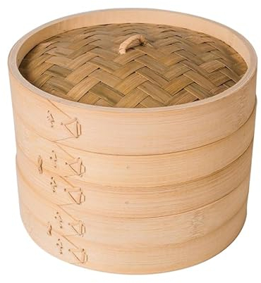 Cuiseur vapeur en bambou de 18 cm, panier vapeur à deux niveaux, comprend un couvercle en bambou et 2 paniers en bambou, idéal pour la cuisine asiatique, les petits pains, les boulettes, les légumes,
