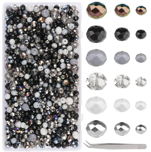 WINKIO Perlen zum Auffädeln, 1000 Stück Schwarz Facettierte Glasperlen mit Pinzette, 4mm/6mm/10mm Kristall Perlen für DIY Schmuckherstellung