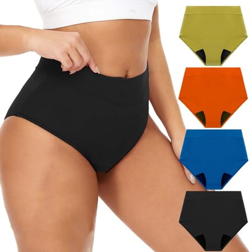 SHANJINL 4 Pack Perioden Unterwäsche Damen,Hohe Taille Baumwoll Unterhosen Menstruation Slips Frauen Hipster Set,Periodenunterschwäsche(Size:L)