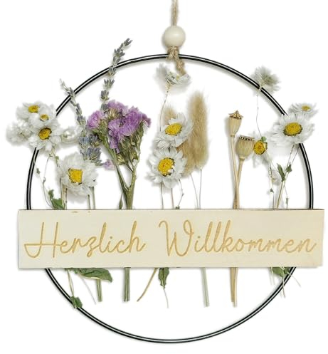 Trockenblumenkranz - Türkranz Herzlich hereinspaziert - Türkranz Trockenblumen - Schild Kranz Holz Metall 22cm Gravur Ring Türschild - hereinspaziert