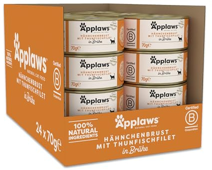 Applaws 100% naturlig våtfoder för vuxna katter, kycklingbröst med tonfiskfilé i buljong, 24 × 70 g burkar