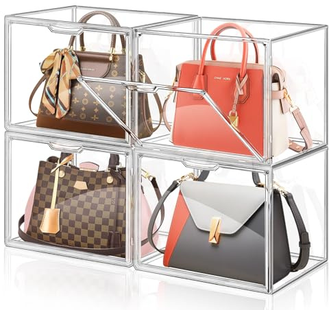 Giyiprpi Confezione da 4 organizer in plastica per armadio, espositore trasparente per borsa e borsa, scatole impilabili con porta magnetica, per portafoglio, libri, cosmetici, giocattoli