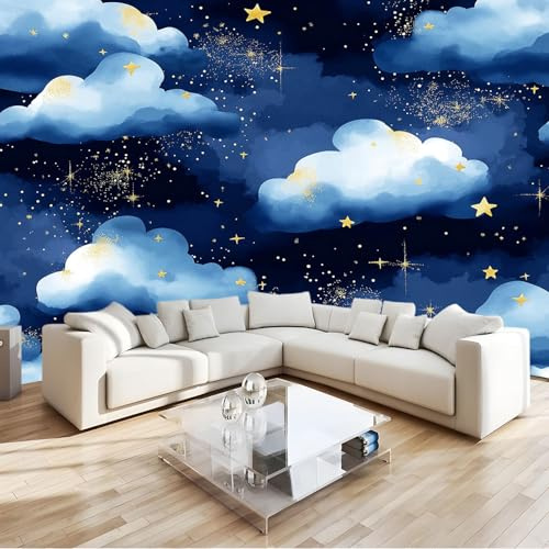Papiers peints Intissé 400 x 280 cm Murales Poster Effet Trompe L'oeil Aquarelle Nuages Ciel Nocturne Revêtement mural décoration pour chambre salon cuisine Bleu