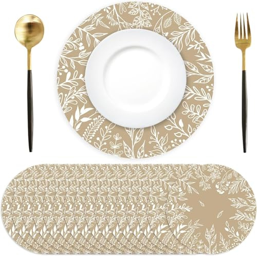 50 Stück Beige Blätter Papier Platzsets rund Papier Tischsets Frühlings Blätter Einweg Platzsets rund 34 cm, Tischdekor für Ostern, Geburtstag, Urlaub, Party
