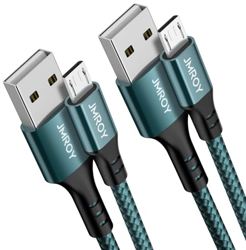 JMROY Extra Long 3M Micro USB Charger Cable 2-Pack, Nylon Braided Durable Android Charging Cord for Galaxy S7/S6/S5, J7 Edge, Note 5, Kindle Fire, PS4 Controller & More - Midnight Green