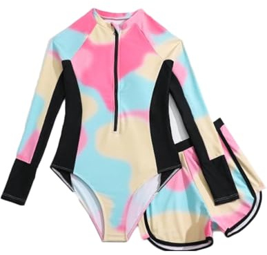 JiAmy Girls Swimsuit Two Piece Tie-dye Set, UV Sun Protection Long Sleeve Rash Guard One Piece with Shorts Tween Swimming Costume for 8 Years, Pink (Tag: 8Y)