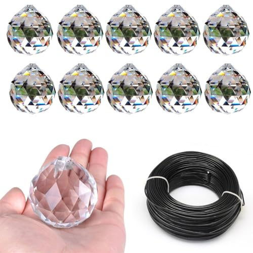 10Stk Sonnenfänger kristall Und elastische Linien,sonnenfänger,Kristalle Deko Anhänge,Kristall Regenbogen,Glas Prisma Kristall Facettiert,DIY Sonnenfänger Set, für Fotografie Hause Büro Garten (40mm)