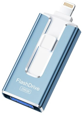 SUDEHO Cle USB 256 Go, Clé USB iPhone MFI Certifié, 4 en 1 Clef pour iPhone/Android/Type C et PC, Cle USB C Photo Stick Mémoire Externe pour Stockage Photos, Vidéos, Fichiers(Bleu)