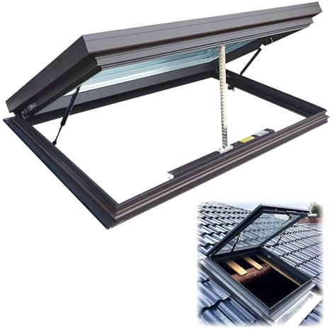 Sun Room Roof Skylights Tempered Double-Glazed Glass Customizable Skylight Roof Window with Gas Strut Lift Electric Opening with Remote and Rain Sensor for Sunrooms Basements Attics(Gray,60x60cm/23.6x