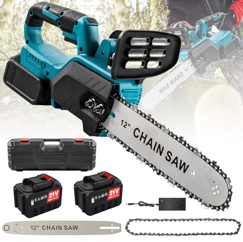 Tronçonneuse à Batteriee 12 Pouces, Tronçonneuse Électrique sans Fil avec 2 Batteries 10000mAh, Lubrification Automatique, Moteur sans Balais de 1500W, pour le jardinage, l'élagage