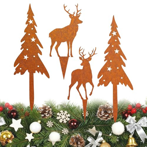 TogtherKings 4er Set Rost Deko Weihnachten, Gartenstecker Roststecker Weihnachten, 2 Deko Rehe und Hirsche mit 2 Tannen, Hirsch und Metall Weihnachtsbaum für Weihnachtsdeko Garten