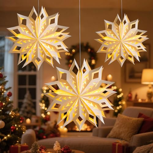 3 Stück Weihnachtsstern Beleuchtet, Papiersterne Weihnachten, 3D Leuchtstern Weihnachtsdeko Innen, Warmweiß Weihnachtsstern für Fenster Weihnachten Deko Balkon Party Hochzeit Lichtervorhang (A)