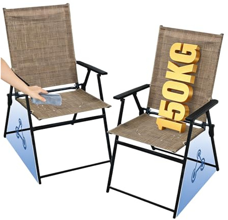 JMGJOY Klappstühle 2er Set Gartenstuhl Hochlehner mit Armlehnen Campingstuhl bis 150kg Belastbar Aluminium Atmungsaktiv Wetterfest Anti-Rutsch für Garten Rasen Esszimmer Camping(Braun, 2er-Set)
