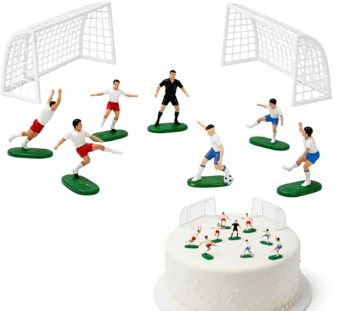 9PCS Football Cake Topper Set with 2 Goals, 1 Referee, 6 Players & 1 Football - Non-Edible PVC Figures for Boys Men Birthday, Football Theme Party, Cupcake Dessert Decorations
