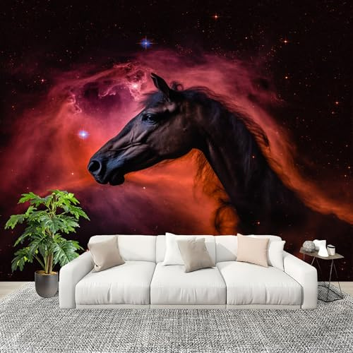 Mural Papel Pintado 3D 300x210 cm De ensueño Cielo estrellado Animales Caballo de guerra Fotomurales Tejido No Tejido Antiarrugas Póster negro Murales Fotográfico Moderno Decoración de Paredes