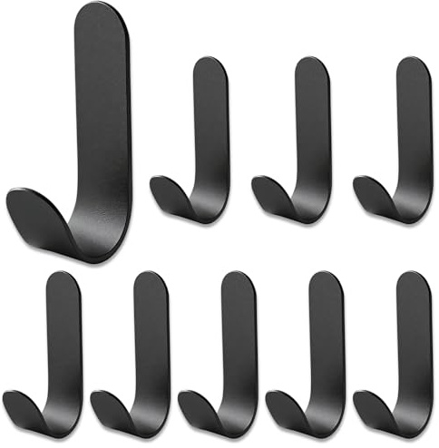 Kisstta Lot de 9 crochets adhésifs noirs en acier inoxydable, crochets à coller, étanches et antirouille, plus solides, pas de perforation nécessaire, pour mur, salle de bain, cuisine, porte (noir)