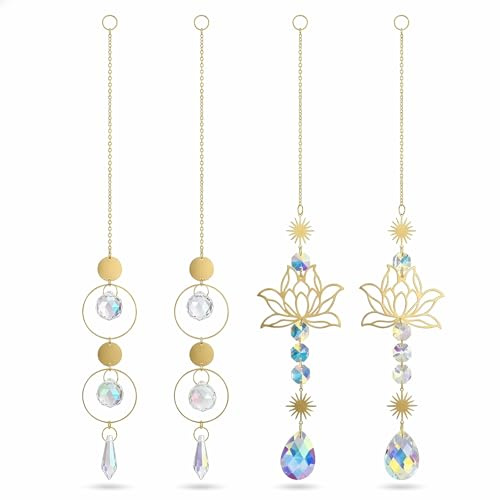 Atrapasoles Cristal – Set de 4 Piezas Colgante de Bolas Atrapasoles, Loto y Campanas Viento – Hermoso Adorno Colgante para Ventanas y Jardines