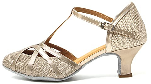 HROYL Chaussures de Danse Latine Femme Salsa Bachata Paillettes Bout Fermé Chaussures Danse Tango de Salon 511 Champagne 39 EU