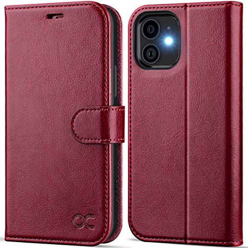 OCASE Hülle für iPhone 12 Handyhülle für iPhone 12 Pro Burgundy | Premium PU Leder Kartenfach Magnetverschluss Lederhülle RFID Schutzhülle Klapphülle Case Cover Etui