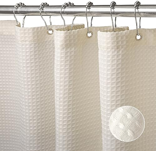Waffel Duschvorhang mit Metall Duschvorhangringe Stoff Textil Badewannenvorhang Anti Schimmel Bad Vorhang Set Wasserdicht Badewanne Vorhang Schwerer Shower Curtain Badezimmer - 182 x 182cm (Creme)