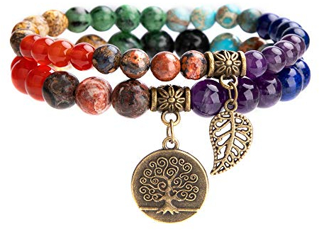 Farfume Chakra Armband Echte Steine, Edelsteine Armbänder fur Damen (Chakren und Baum des Lebens)