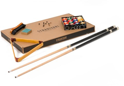 Stradivari Billard Equipment Set | Queue Set mit Kugeln, Dreieck, Kreide, Bürste und 10 Ersatzleder | Hochwertige Ausführung | Schwarz | Vielseitiges Zubehör