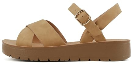 Soda Shoes Women Flat Sandals Flatform Ankle Buckle Criss Cross Band Straps Chester-S Natural Tan 9