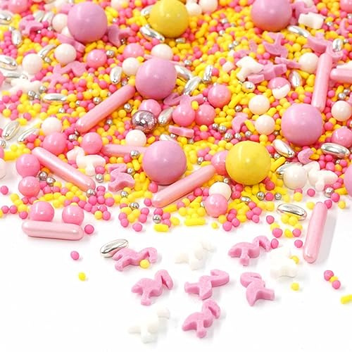 Streusel Glück Flamingo Time rosa gelb weiss 90g Zuckerstreusel Sprinkles rosafarbene Tortendeko Mädchen Kindergeburtstag Christmas Prinzessin Kuchenstreusel Plätzchen Torte