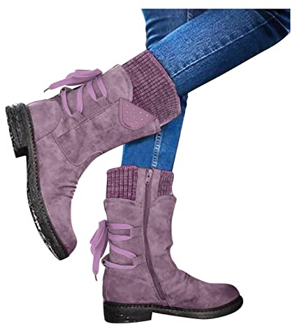 Bottes basses pour femme - Bottes de loisirs - Bottes de neige - Bottes d'hiver chaudes à enfiler - Bottes de neige rétro - Mode hiver - Automne - Bottines à enfiler - Bottes d'hiver, lilas, 38 EU