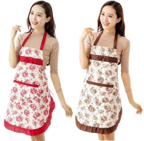 mciskin Blumenschürzen für Mädchen/Frauen,2 Stück Küchenschürzen mit Taschen,niedliche Backgeschenke für Bäcker,Vintage-Bauernhaus-Stil,Küchendekoration – Geschenke für Mama/Frau/Schwester,red+brown