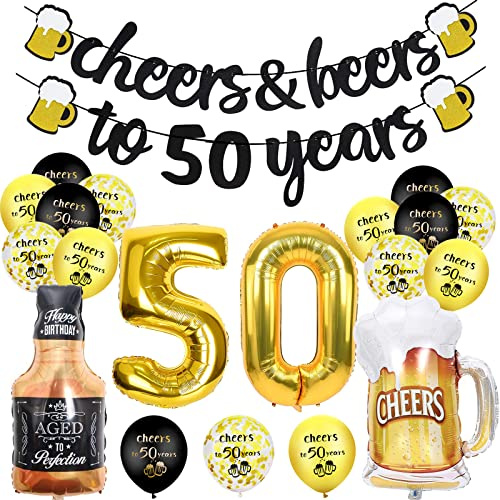 50 Geburtstag Mann Deko, Deko 50. Geburtstag für Männer Frauen, Happy Birthday Geburtstagdeko mit Jubel Banner, Nummer 50 Folienballons, 50. Schwarz Gold Luftballons Konfetti Luftballons