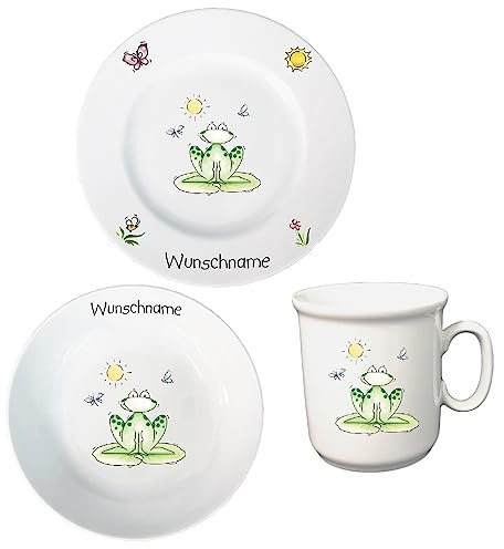 Kindergeschirr personalisiert - Frühstücksservice 3-tlg. Porzellan Teller Becher Schale personalisierbar mit Wunschname Name Frühstücksset mit Namen personalisiert (Frosch)