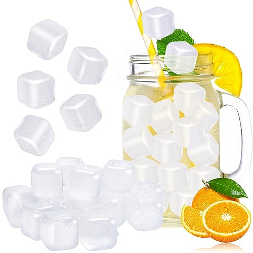 Tivcck 80 Pack Reusable Ice Cubes,Plastic Ice Cubes Reusable Frozen Cubes,Refreezable Ice Cubes,Reusable Ice Cube for Drinks,Wine,Whiskey,Cocktails,Non-Melting,Washable (Square,Transparent)