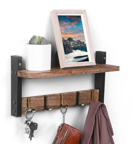 Whimsii Appendiabiti da parete con mensola, 40,6 cm, ganci da parete ribaltabili per appendere, legno rustico e ferro rinforzato, ingresso, soggiorno, camera da letto, bagno