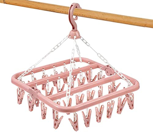 Huasean Clothes Drying Hanger With 32 32 Clips And Drip,Foldable Hanging Sock Dryer Rack,Rotatable Windproof Laundry Rack For Sock,Underwear Hanger, Clothes Pegs, Laundry Airer