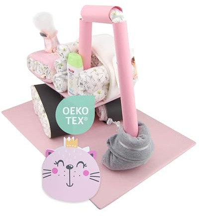 Windeltorte ® Bagger mit Babysocken [BAUSTELLENFAHRZEUG]- Geschenk zur Geburt - Babyparty - Baby - Babyshower - Pullerparty - Spucktuch - Babylätzchen (Rosa/Mädchen)
