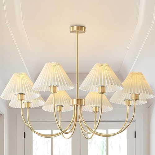 KCO Sputnik Kronleuchter aus gebürstetem Messing, goldfarben, mit weißen Plissee-Stoffschirmen, 8-flammig, Deckenleuchter, moderne Kronleuchter Mitte des Jahrhunderts