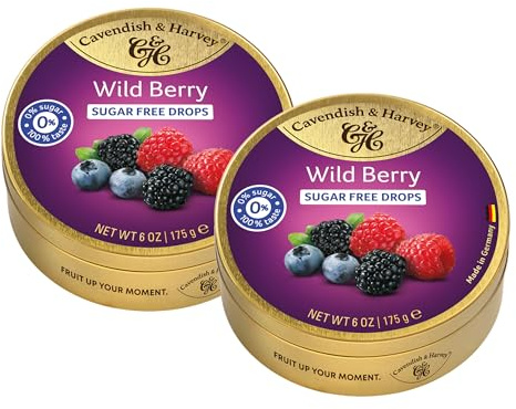 Cavendish & Harvey Sugar Free Wild Berry Drops 175g Dose im 2er Pack | Himbeere, Heidelbeere, Brombeere | Zuckerfrei | Vegan, Halal, Koscher | 2 x 175g